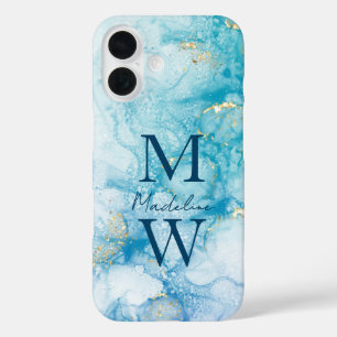 Goud Blauw Glitter Waterverf Personaliseer iPhone 16 Hoesje
