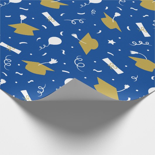 Goud blauw Graduation Cap Toss Wrapping Papier (Hoek)