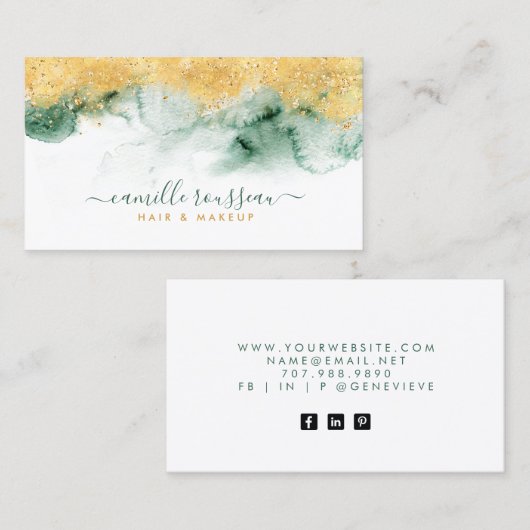 Goud Blauw Groen Moderne Waterverf Visitekaartje (Voorkant / Achterkant)