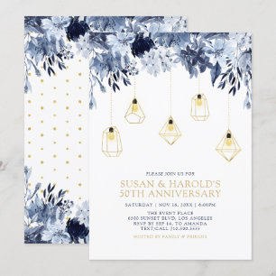 Goud & Blauw   Lichten, Bloemachtige Huwelijksverj Kaart