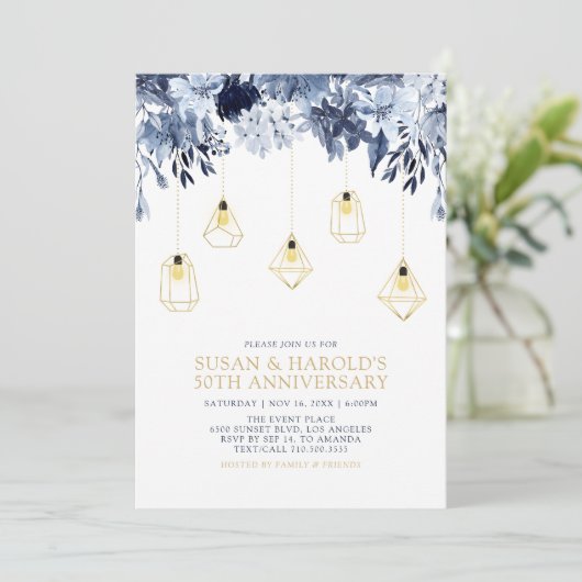 Goud & Blauw | Lichten, Bloemige Huwelijksverjaard Kaart (Staand voorkant)