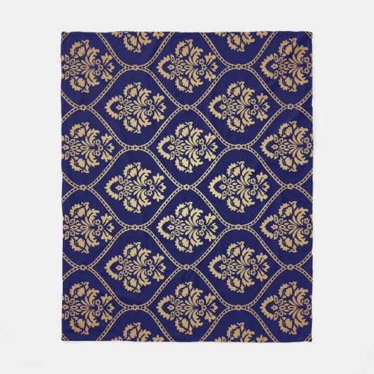 Goud & Blauw: Luxe Damask Fleece Deken (Voorkant)