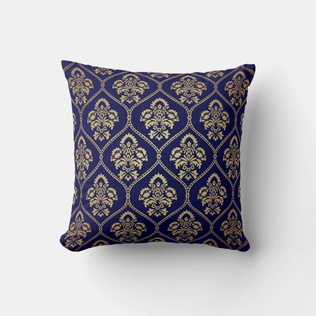 Goud & Blauw: Luxe Damask Kussen (Voorkant)