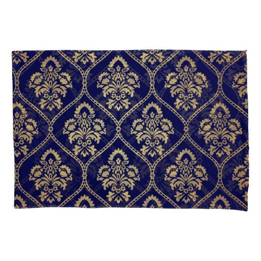 Goud & Blauw: Luxe Damask Kussensloop (Voorkant)