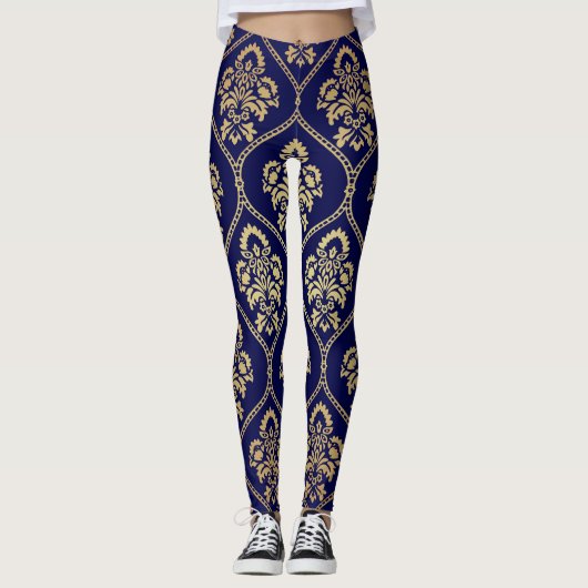 Goud & Blauw: Luxe Damask Leggings (Voorkant)