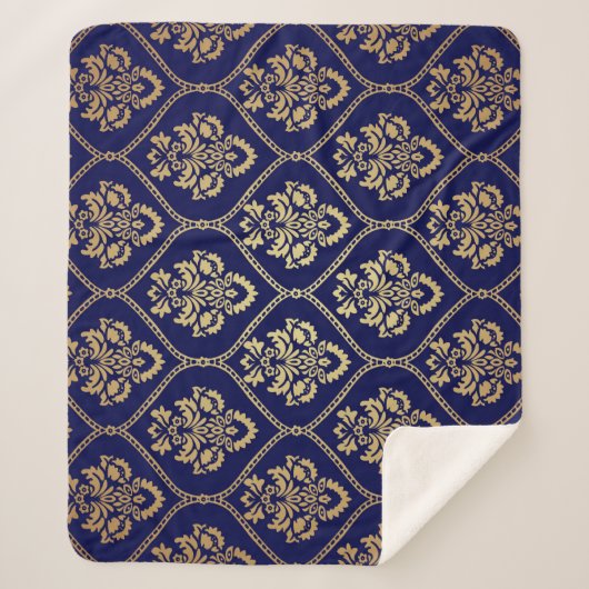 Goud & Blauw: Luxe Damask Sherpa Deken (Voorkant)