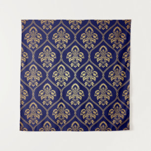 Goud & Blauw: Luxe Damask Wandkleed