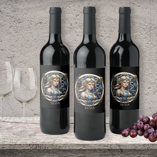 Goud Blauw Maagd Typografie Astrologie Symbool Maa Wijn Etiket