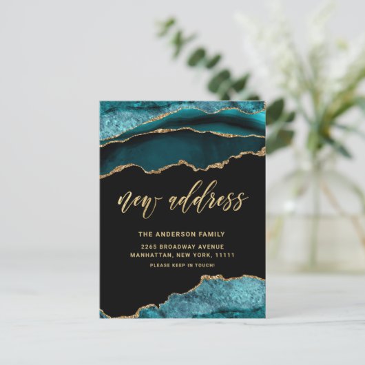 Goud Blauw Marmer Nieuw Adres Bewegende Aankondigi Briefkaart (Staand voorkant)