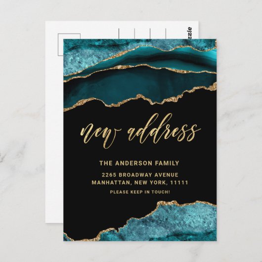 Goud Blauw Marmer Nieuw Adres Bewegende Aankondigi Briefkaart (Voorkant / Achterkant)