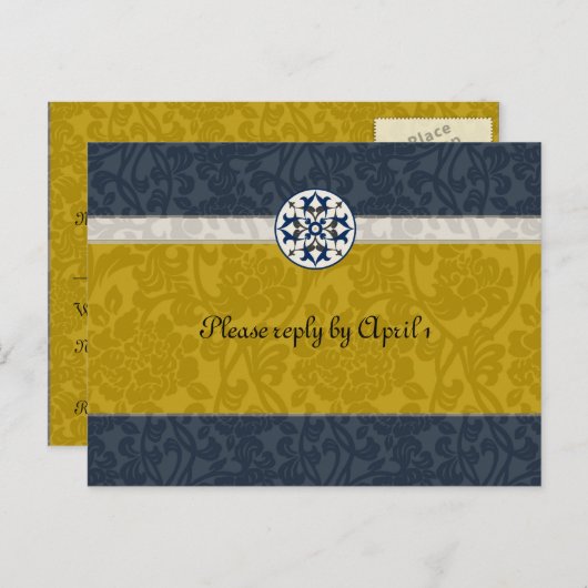 Goud & Blauw Middeleeuwse Brocade RSVP Uitnodiging Briefkaart (Voorkant / Achterkant)