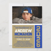 Goud & Blauw Modern Afstuderen Fotoaankondiging Kaart (Voorkant)