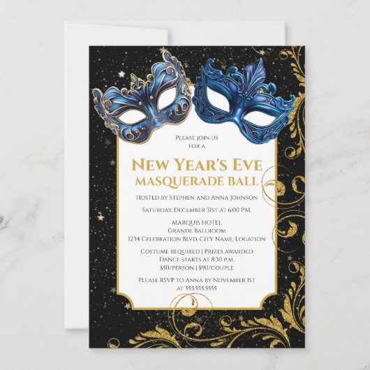 Goud Blauw Oud en Nieuw Masquerade Bal Kaart (Voorkant)