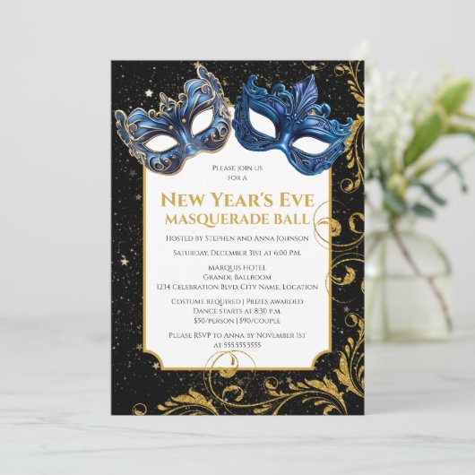 Goud Blauw Oud en Nieuw Masquerade Bal Kaart (Staand voorkant)