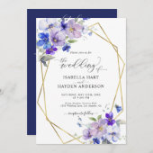 Goud Blauw Paarse Bloemen Alles in 1 QR Code Bruil Kaart (Voorkant / Achterkant)