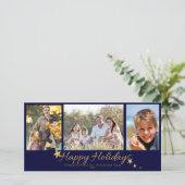 Goud & Blauw Prettige Feestdagen 3 Foto Collage Feestdagenkaart (Staand voorkant)