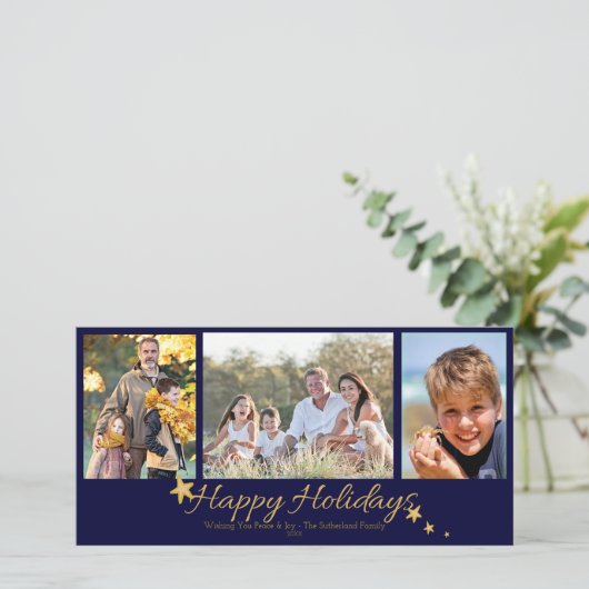Goud & Blauw Prettige Feestdagen 3 Foto Collage Feestdagenkaart (Staand voorkant)