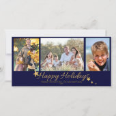Goud & Blauw Prettige Feestdagen 3 Foto Collage Feestdagenkaart (Voorkant)