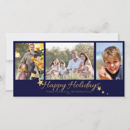 Goud & Blauw Prettige Feestdagen 3 Foto Collage Feestdagenkaart (Voorkant)