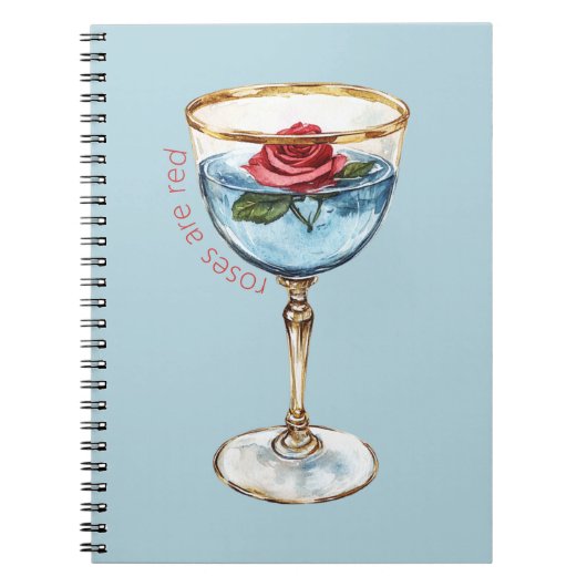 Goud Blauw Rode Roos Bloem Glas Drank Notitieboek (Voorkant)