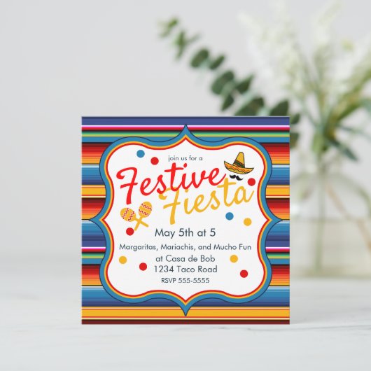 Goud Blauw Rood Sarape Cinco de Mayo Uitnodiging (Staand voorkant)