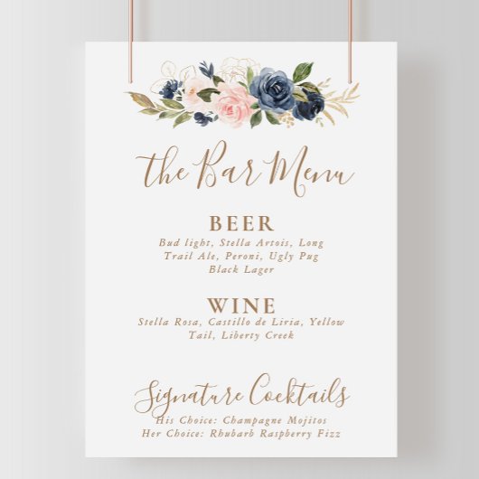 Goud Blauw Roze Bloemen Bruiloft Bar Menu Poster