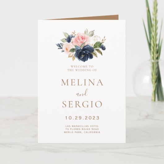 Goud Blauw Roze Bloemen Opgevouwen Trouwen  Programma (Voorkant)