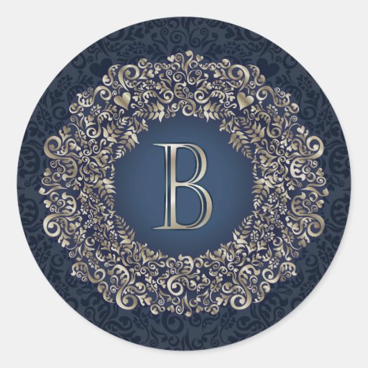 Goud Blauw Sierlijk B Fancy Damast Monogram  Ronde Sticker (Voorkant)