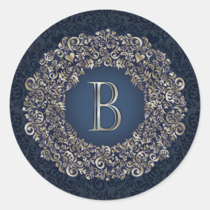 Goud Blauw Sierlijk B Fancy Damast Monogram  Ronde Sticker