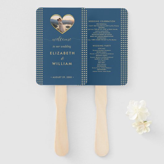 Goud & Blauw Stippen Persoonlijke bruiloft Handwaaier (Voorkant en achterkant)