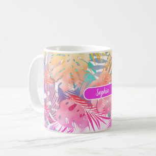 Goud Blauw Teal & Roze Tropische Bladeren, Witte N Koffiemok