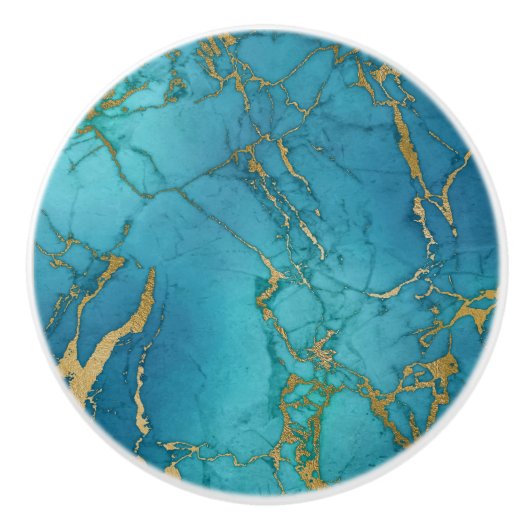 Goud Blauw Turquoise Metallic Marmer Trendy Keramische Knop (Voorkant)