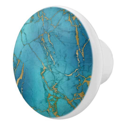 Goud Blauw Turquoise Metallic Marmer Trendy Keramische Knop (Rechts)