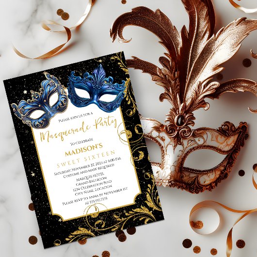 Goud Blauw Verjaardag Masquerade Party Kaart