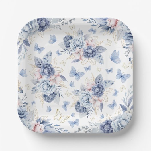 Goud & Blauw Vlinders Jongen Baby shower Papieren Bordje (Voorkant)