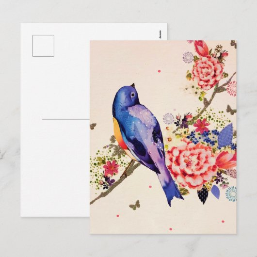 Goud Blauw Vogel Rood Bloem Mot Glitters Feestdagenkaart (Voorkant / Achterkant)