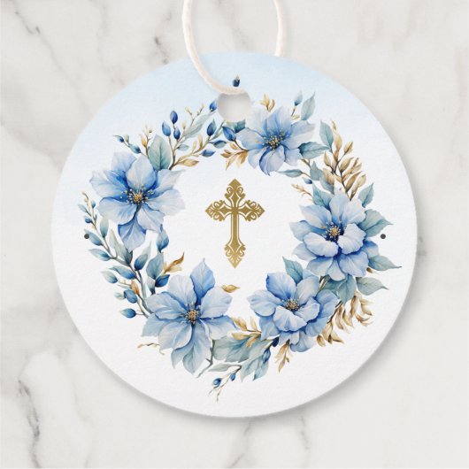 Goud & Blauw Waterverf Bloemen Doop Dank u Bedankjes Labels (Achterkant)