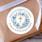 Goud & Blauw Waterverf Bloemen Doop Dank u Ronde Sticker