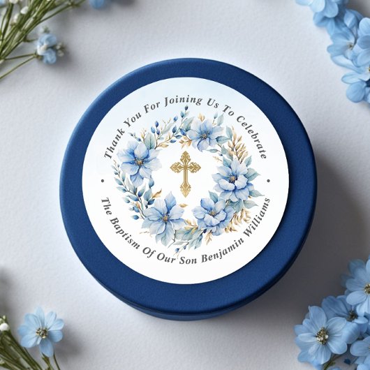 Goud & Blauw Waterverf Bloemen Doop Dank u Ronde Sticker