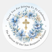 Goud & Blauw Waterverf Bloemen Doop Dank u Ronde Sticker (Voorkant)