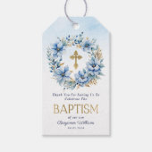 Goud & Blauw Waterverf Bloemen Foto Jongen Doop Cadeaulabel (Voorkant)