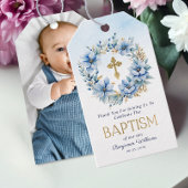 Goud & Blauw Waterverf Bloemen Foto Jongen Doop Cadeaulabel