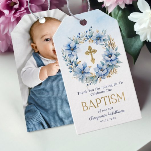 Goud & Blauw Waterverf Bloemen Foto Jongen Doop Cadeaulabel