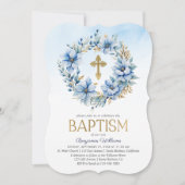 Goud & Blauw Waterverf Bloemen Foto Jongen Doop Kaart (Voorkant)