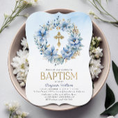 Goud & Blauw Waterverf Bloemen Foto Jongen Doop Kaart