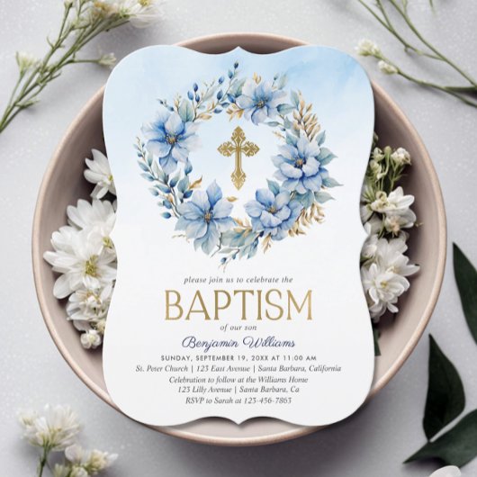 Goud & Blauw Waterverf Bloemen Foto Jongen Doop Kaart