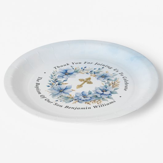 Goud & Blauw Waterverf Bloemen Jongen Doop Papieren Bordje (Gekanteld)