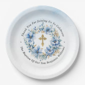 Goud & Blauw Waterverf Bloemen Jongen Doop Papieren Bordje (Voorkant)