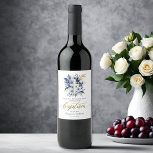 Goud & Blauw Waterverf Bloemen Jongen Doop Wijn Etiket