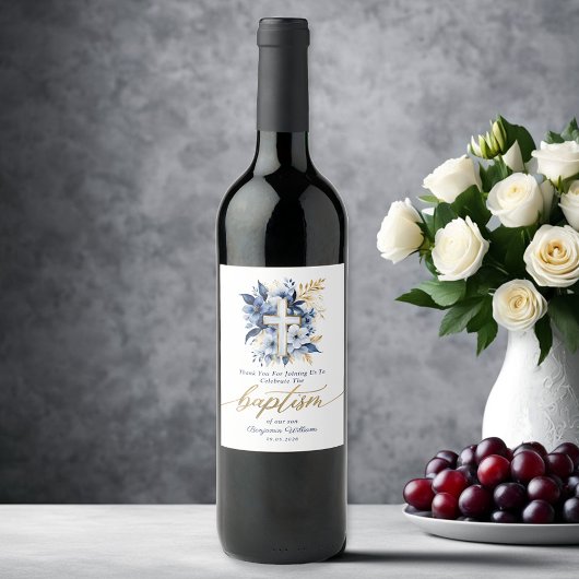 Goud & Blauw Waterverf Bloemen Jongen Doop Wijn Etiket